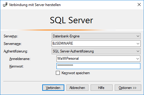 Die Anmeldung am SSMS